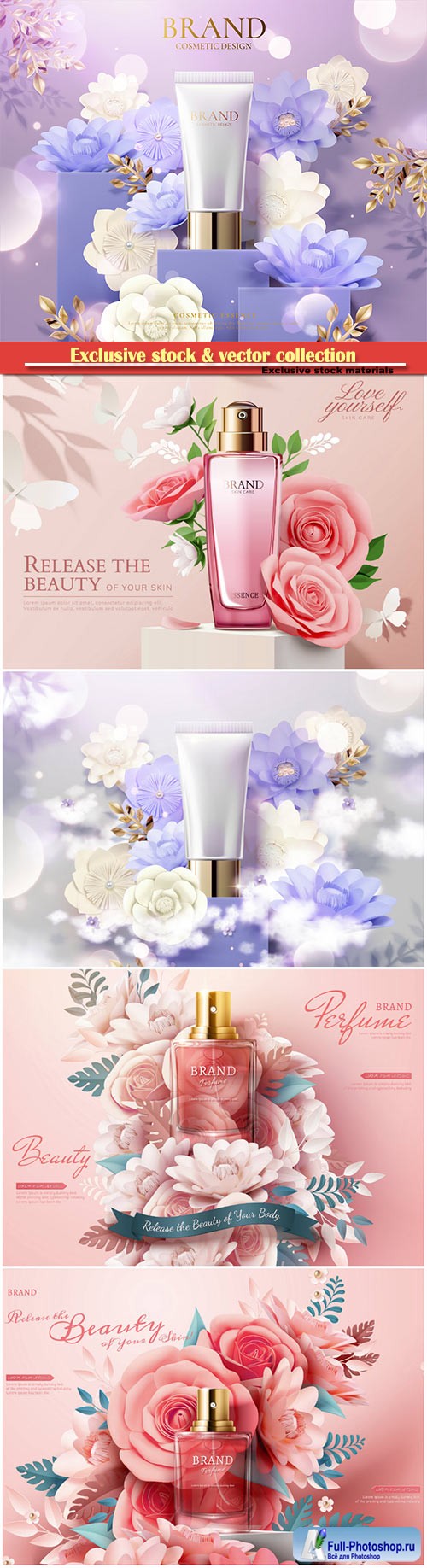 Cosmetic set ads with paper flowers in 3d illustration # 4