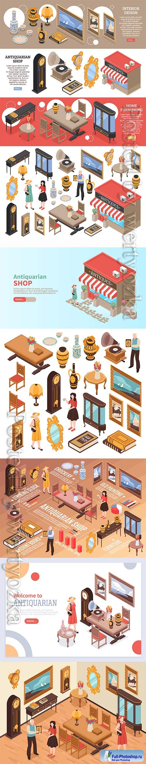 Antique shop isometric vector set of elements of vintage furniture