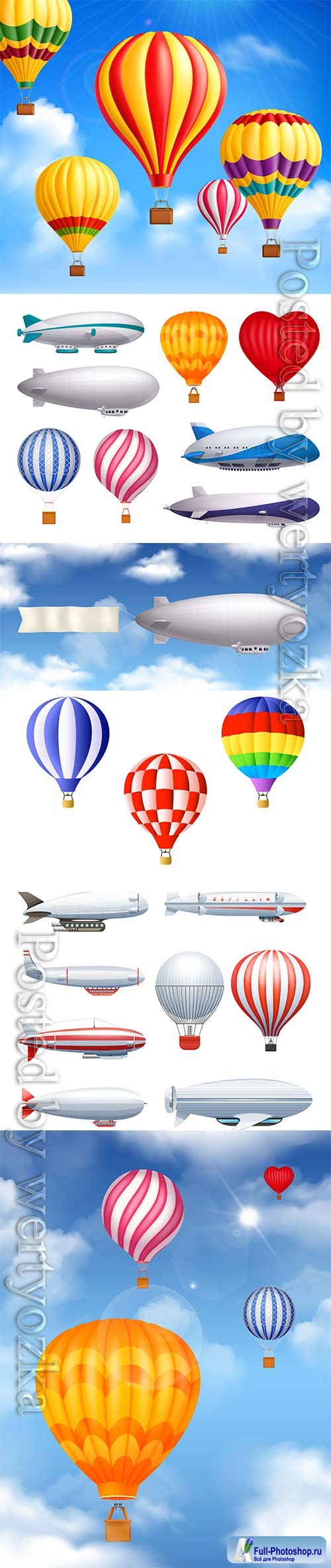 Dirigible and balloons transportation realistic vector set