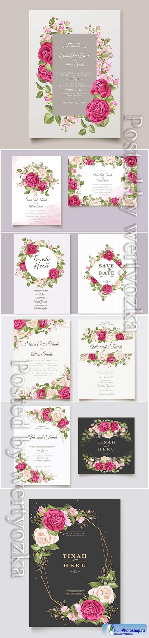 Wedding invitation cards with flowers in vector