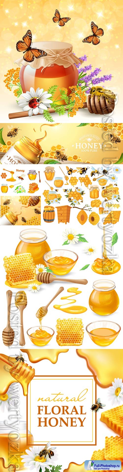 Honey set, honeycombs, bee, honey in glass jar, wooden honey dipper, honey in metal spoon and flowers