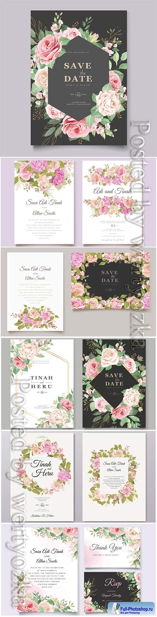 Wedding invitation cards with flowers in vector # 2