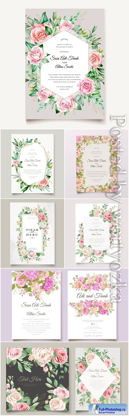 Beautiful wedding invitation with flowers in vector