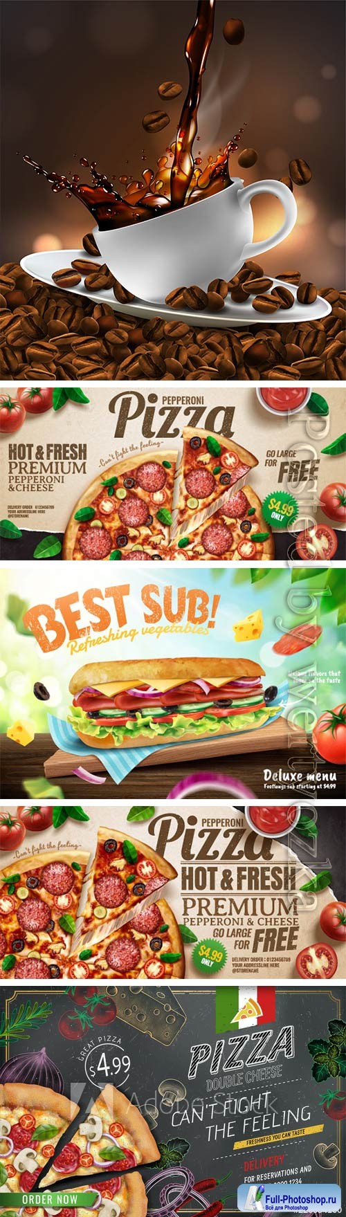 Delicious submarine, pizza, coffee ads