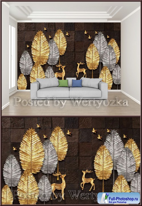 3D psd background wall chinese creative gold silver tree elk