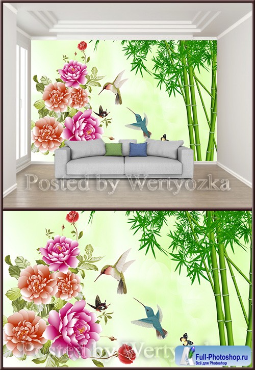 3D psd background wall safflower bird green bamboo