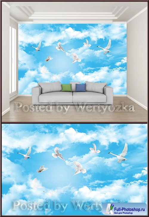 3D psd background wall fantasy sky clouds flying birds zenith ceiling mural