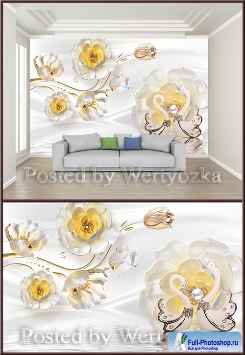 3D psd background wall jewels flowers pearls swan