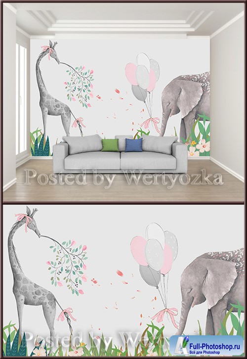 3D psd background wall elephant and giraffe