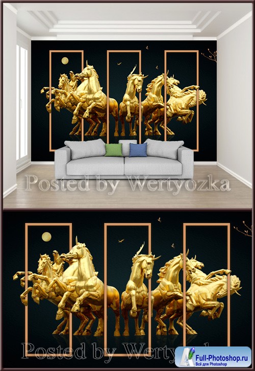 3D psd background wall golden horse