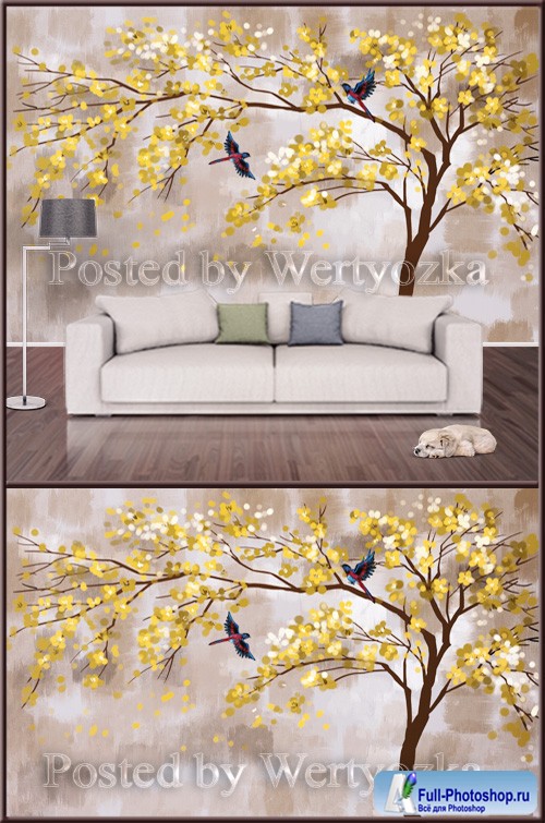 3D psd background wall yellow bird tree