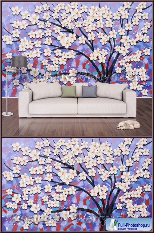 3D psd background wall tree with flowers abstraction