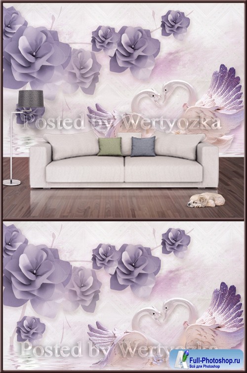 3D psd background wall elegant flowering swan