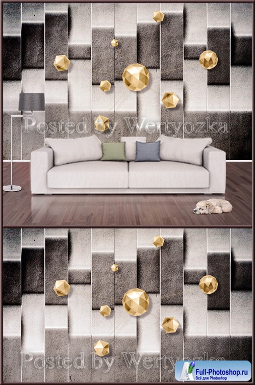 3D psd background wall abstraction with golden stones