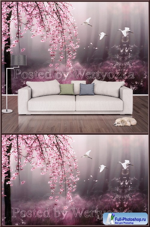 3D psd background wall beautiful cherry tree