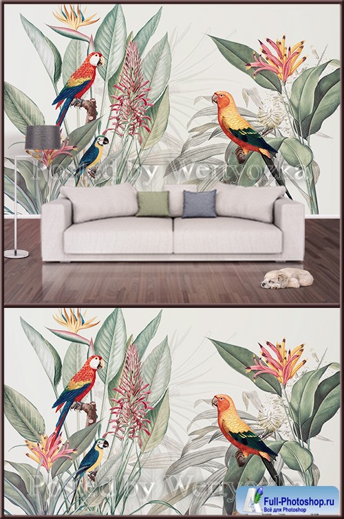 3D psd background wall painted flowers and parrot