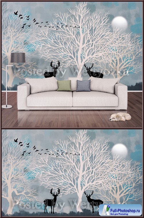 3D psd background wall hand drawn forest moose