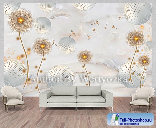 Gold dandelion background wall decors, 3D models template PSD