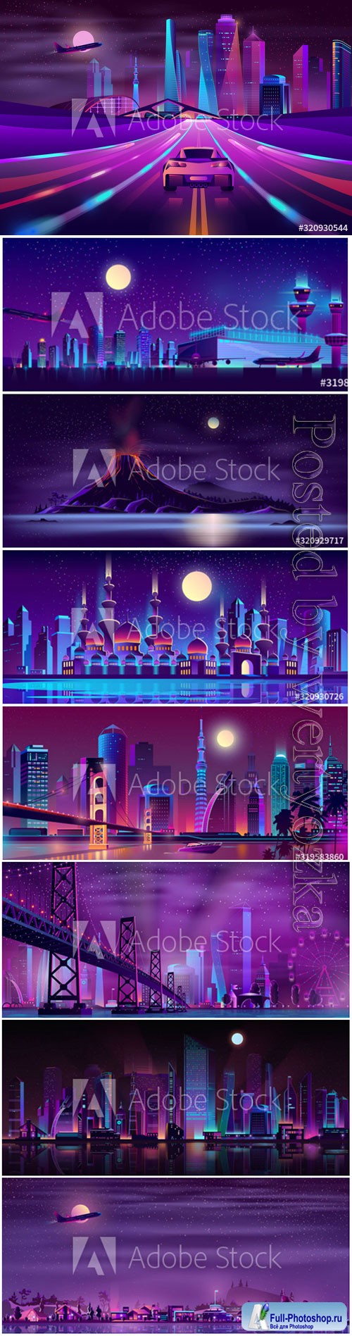 Vector background with night city in neon lights