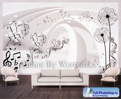 Dandelions and hearts background wall decors, 3D models template PSD