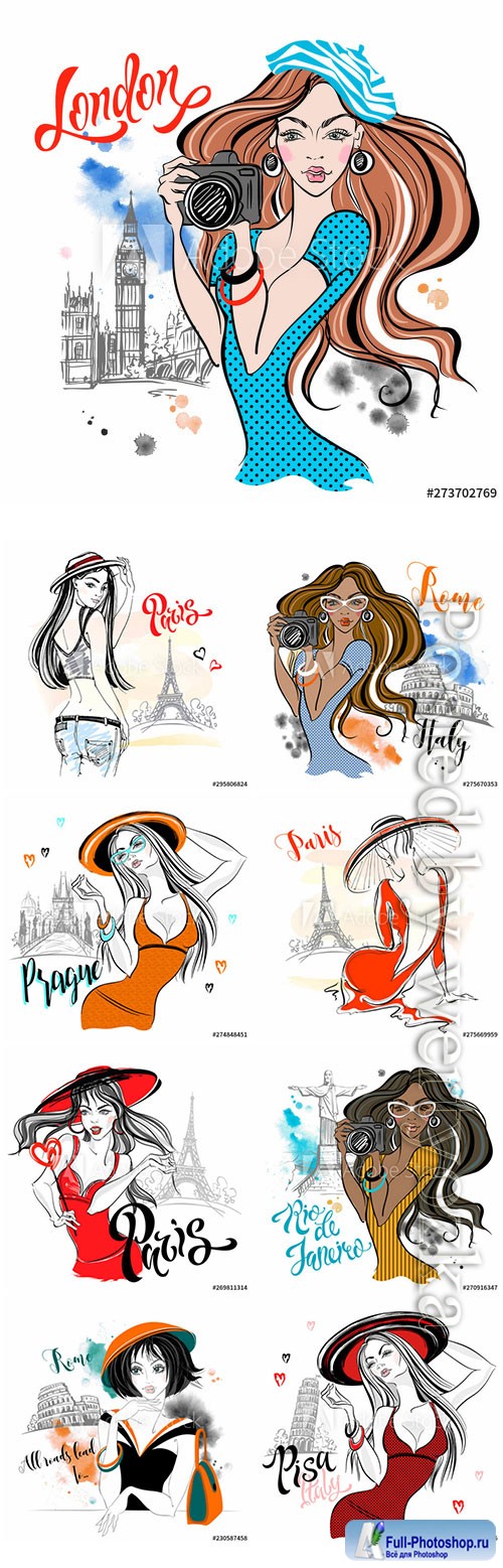 Girl tourist travels vector illustrations