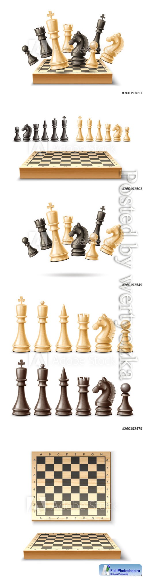 Realistic chess pieces and chessboard set vector illustrations