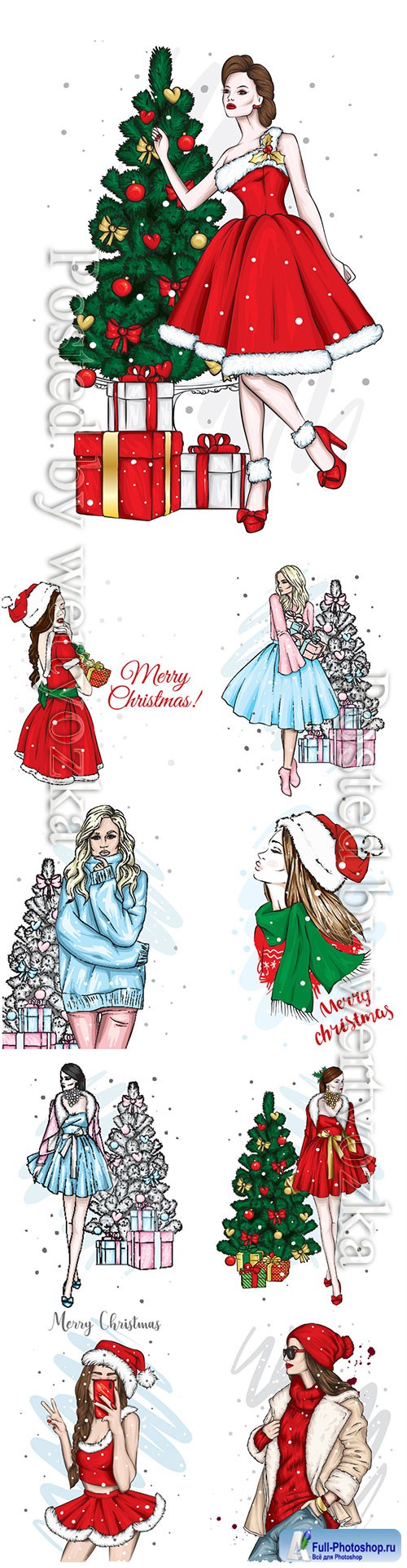 New Year and Christmas, beautiful girl in dress, winter holidays