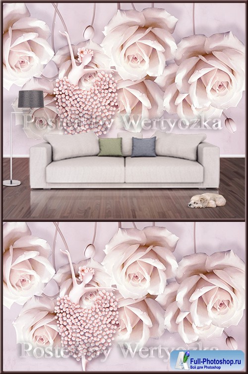 3D psd background wall creative dancer and pink rose