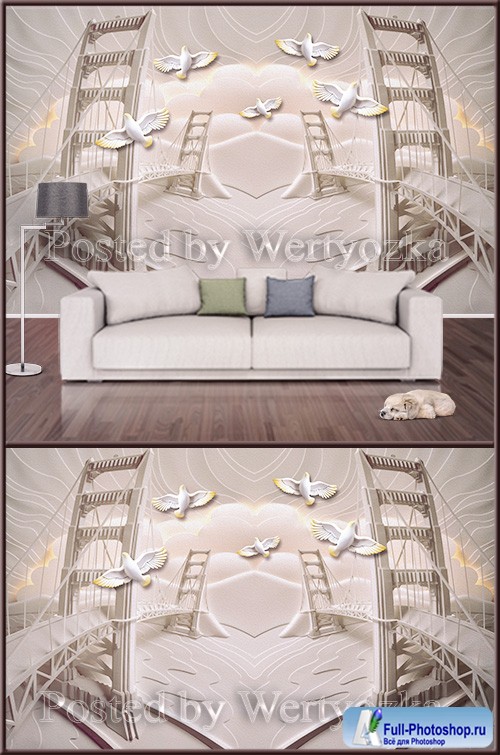 3D psd background wall birds over the bridge