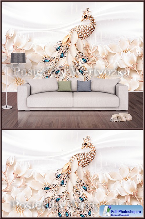 3D psd background wall Golden Peacock with jewels and flowers