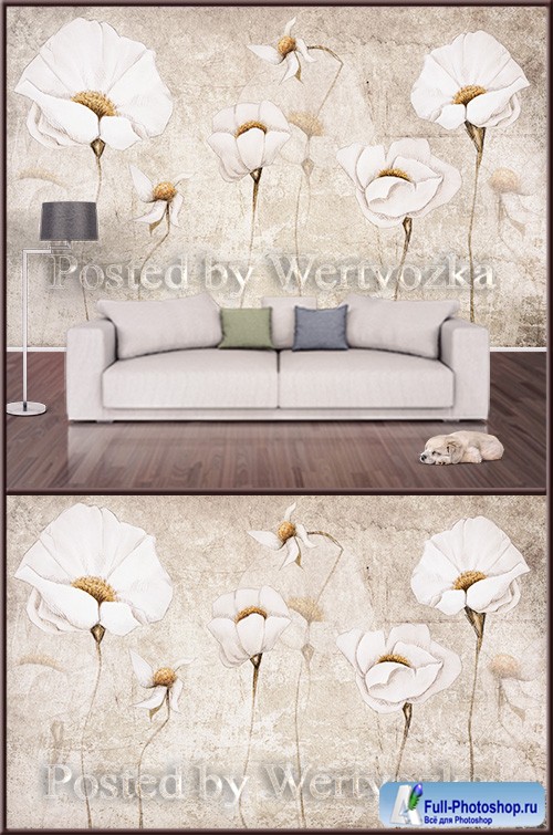 3D psd background wall vintage white flowers