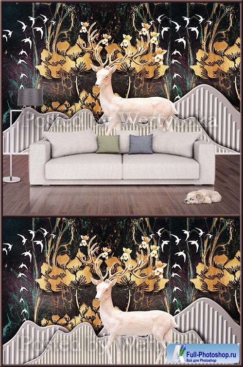 3D psd background wall deer and birds