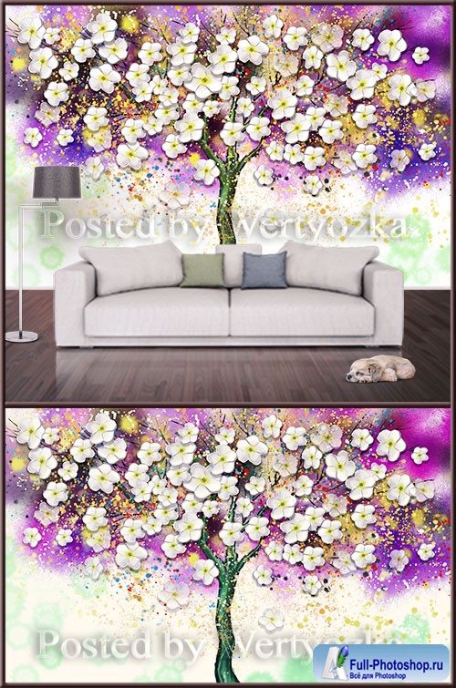 3D psd background wall colorful tree with flowers