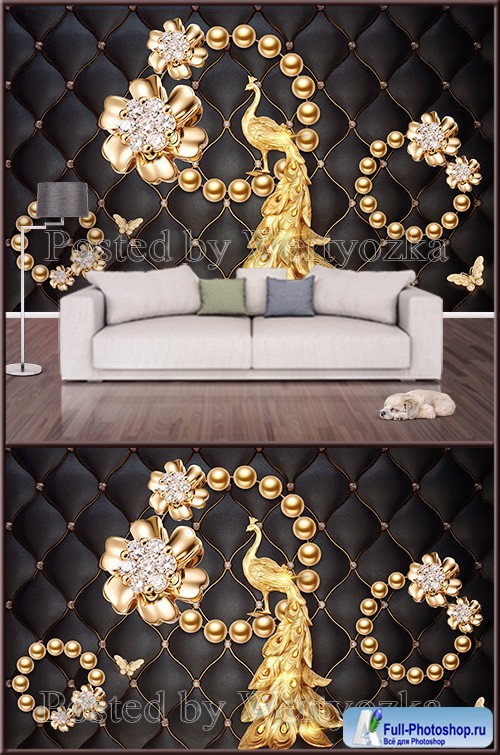 3D psd background wall golden peacock and jewelry