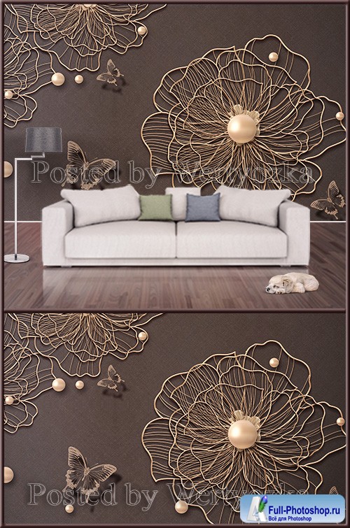 3D psd background wall golden flowers with pearls