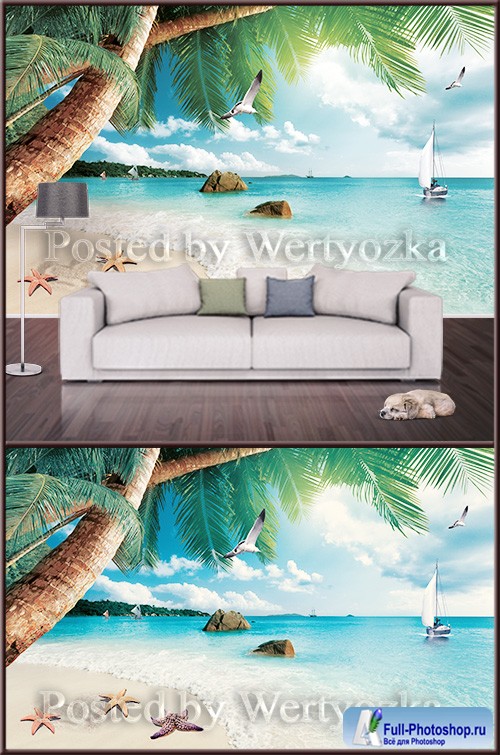 3D psd background wall sailing ship at sea and palm trees