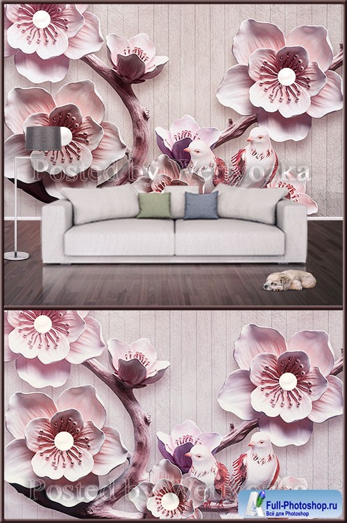 3D psd background wall flowers and pigeons