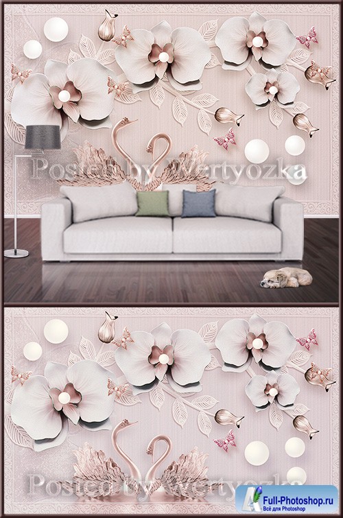 3D psd background wall swans and orchids