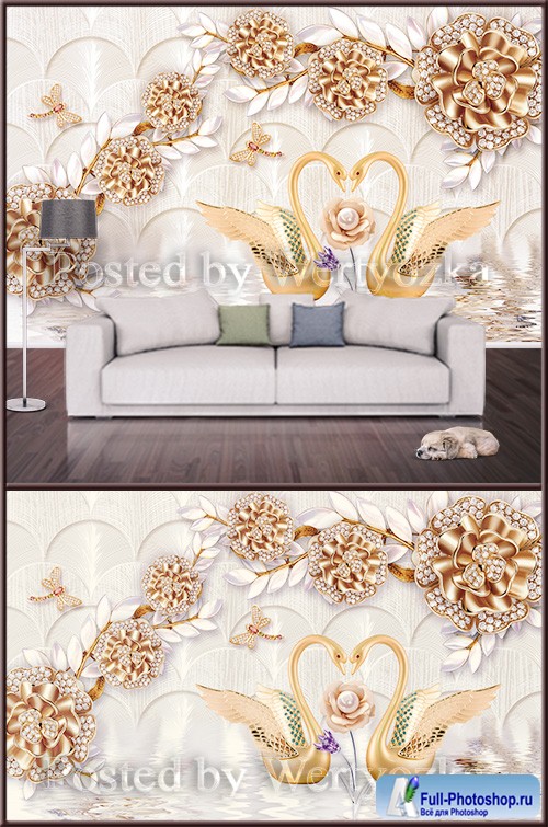 3D psd background wall swans and flowers with diamonds