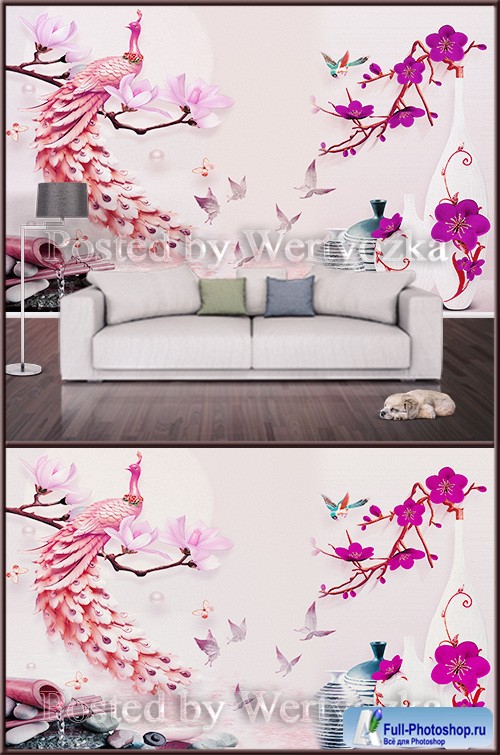 3D psd background wall peacock on a magnolia branch