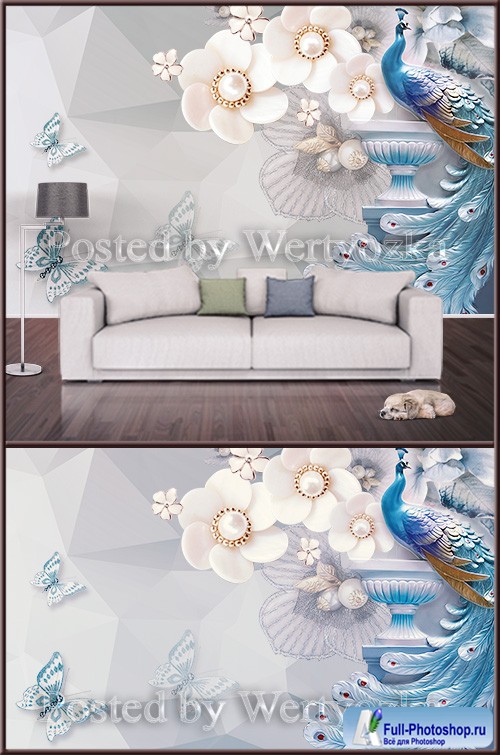 3D psd background wall peacock and butterflies