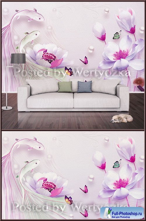 3D psd background wall magnolias and fish