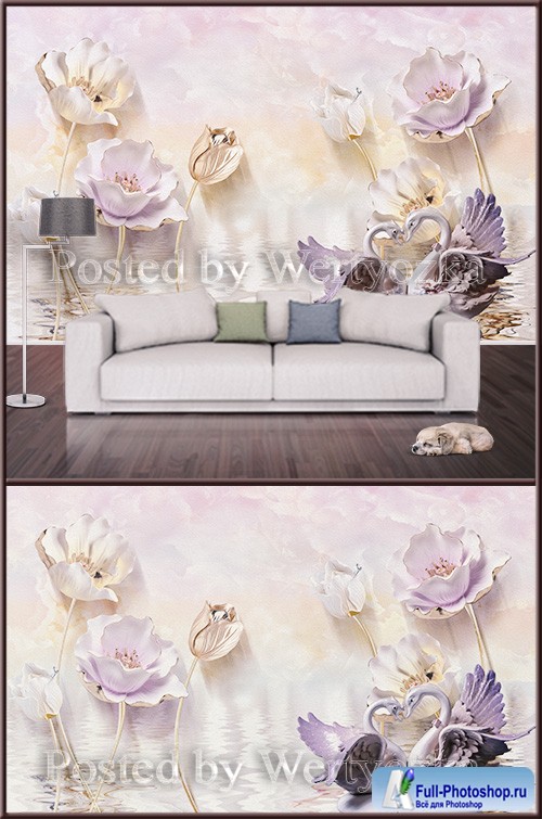 3D psd background wall swan and lotus