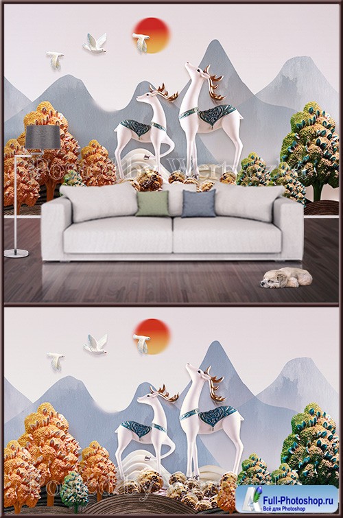 3D psd background wall elk and landscape