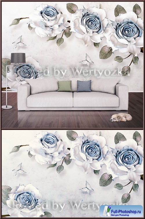 3D psd background wall blue and white roses