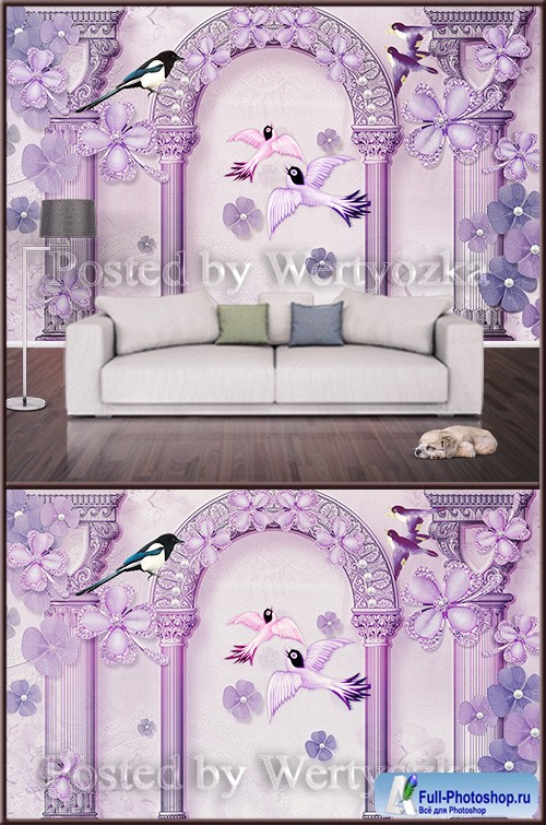 3D psd background wall birds and flowers