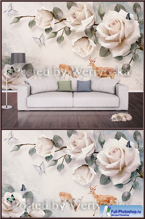 3D psd background wall deer and roses