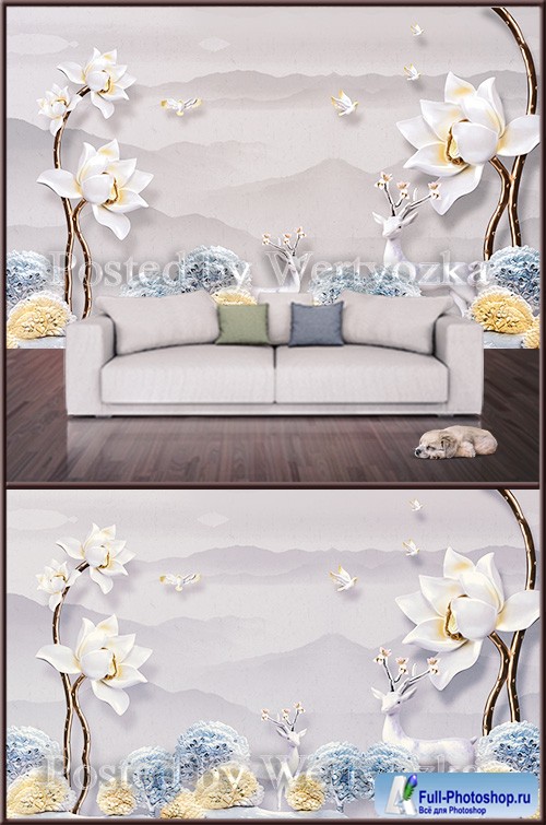 3D psd background wall peonies and deers