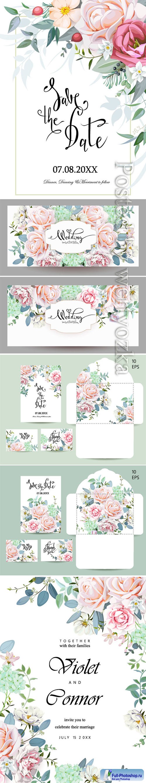 Wedding vector set with invitations and an envelope