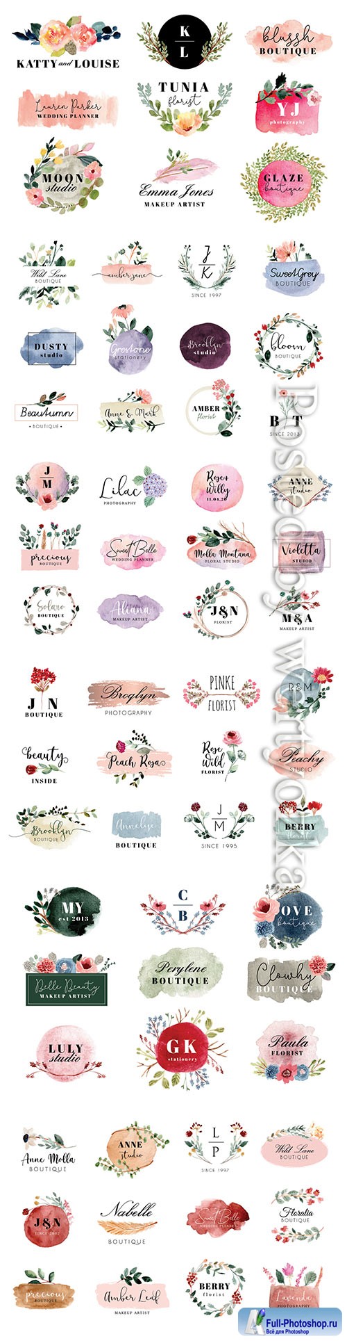 Logo with beautiful floral and brush stroke watercolor collection